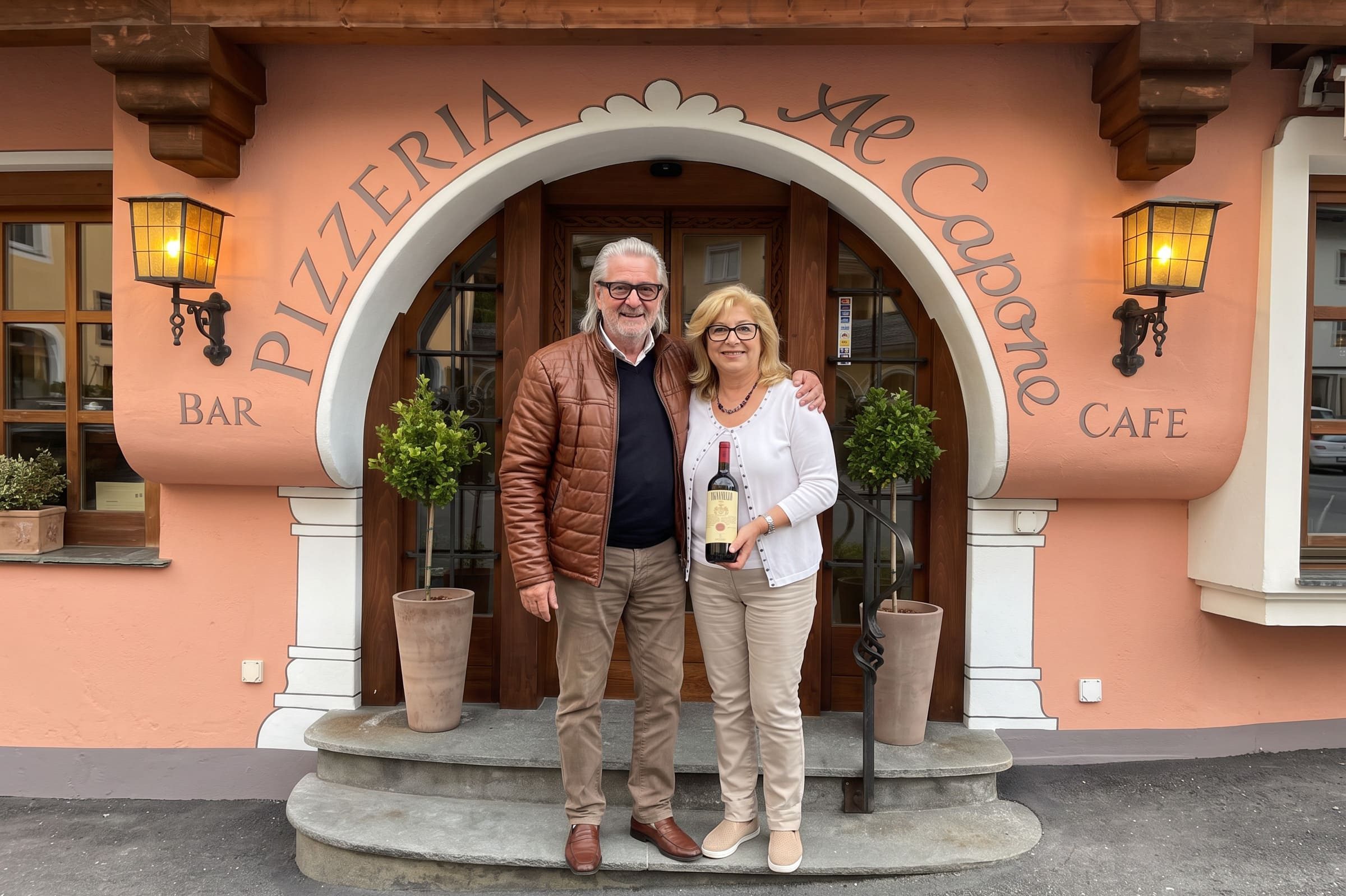 Rolf Sprecher and Susy Berger in front of Pizzeria Al Capone in Klosters