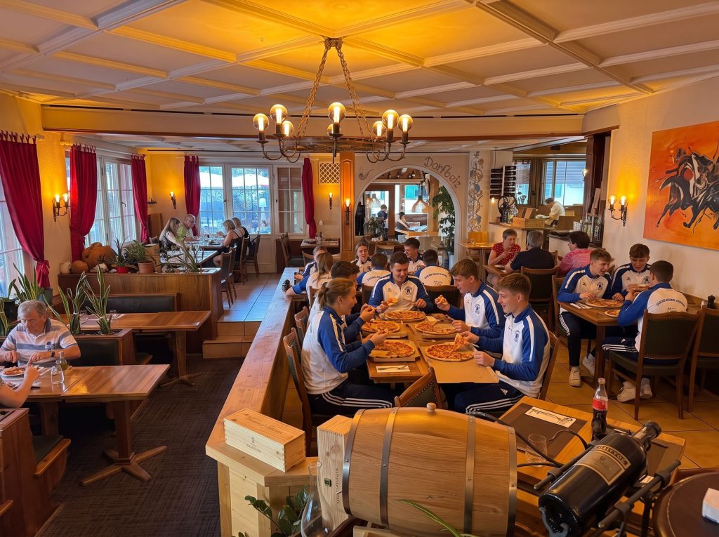 Guests at a long table in the restaurant of Al Capone Klosters